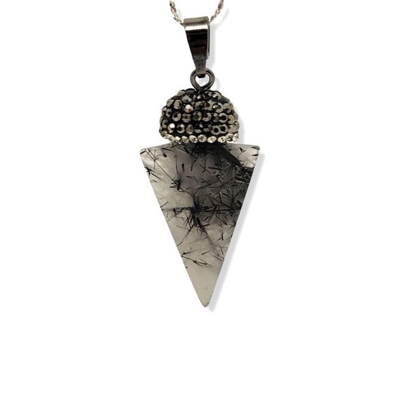 Rutilated Quartz Pointing Stone Arrow Gunmetal White Crystal accents Pendant 24" - Picture 2 of 6